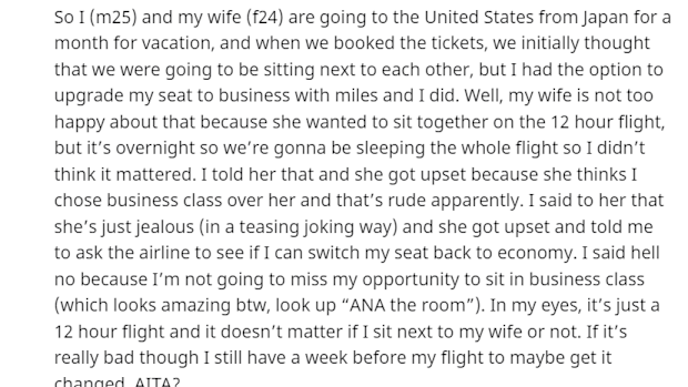 Man leaves wife in economy and takes first-class ticket