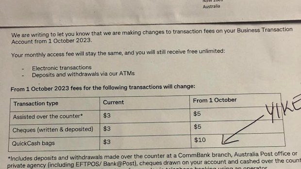 A letter notifying CBA business customers of fee increases