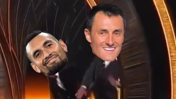 Tomic recreating the Oscars infamous slap.