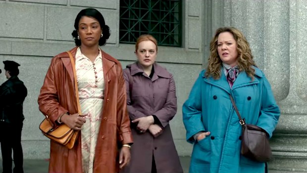 (L - R) Tiffany Haddish, Elisabeth Moss and Melissa McCarthy in period crime epic The Kitchen