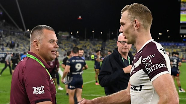 Sea Eagles coach Anthony Seibold celebrates with Tom Trbojevic.