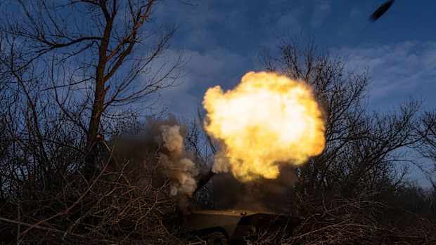 Ukrainian self propelled howitzer 2s1 of 80 Air Assault brigade fires towards Russian forces at the frontline near Bakhmut, Ukraine.