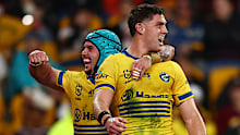 Sean Russell of the Eels celebrates a try.