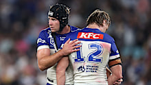 Matt Burton and Jacob Preston of the Bulldogs acknowledge each other.