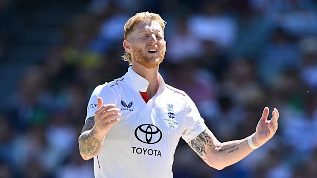 England captain Ben Stokes reacts as Josh Inglis of Australia scores runs.