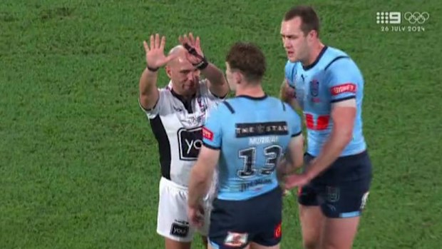 Cameron Murray is ordered to the sin bin for joining a melee from the bench.