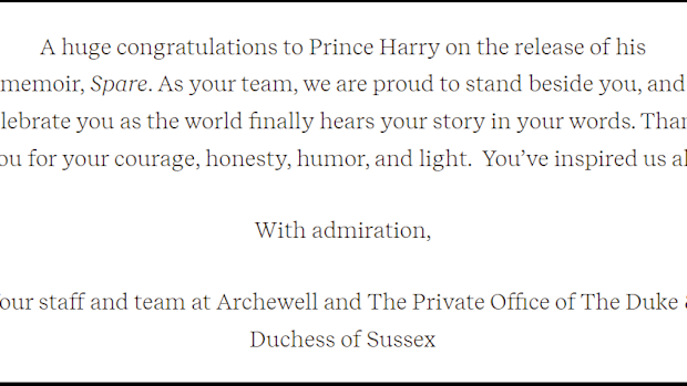 The message appeared on the News section of the Archewell website.