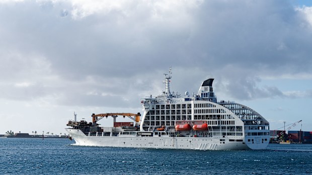 The Cruise ship Aranui 5 in Papeete harbor on August 27, 2023 in Papeete, Tahiti, French Polynesia. Aranui 5 will serve as a floating hotel during the 2024 Paris Summer Olympics. The 254-guest vessel will anchor in a bay near Teahupoo, a village just outside Papeete, in Tahiti, the capital of French Polynesia  where surfing competitions are set to be held during the upcoming games  (Photo by Sylvain Lefevre/Getty Images)