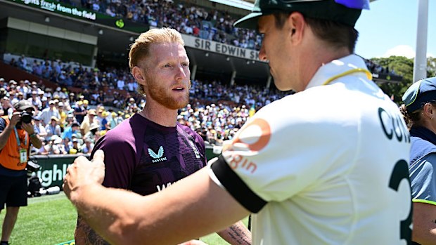 England captain Ben Stokes shakes hands with Australia captain Pat Cummins after losing the Ashes.
