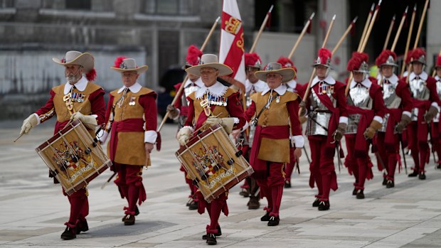 The City of London Company of Pikemen and Musketeers outside the Guildhall near the service of thanksgiving for the reign of Queen Elizabeth II at St Paul's Cathedral in London, Friday, June 3, 2022 on the second of four days of celebrations to mark the Platinum Jubilee. The events over a long holiday weekend in the U.K. are meant to celebrate the monarch's 70 years of service. (AP Photo/Alastair Grant)