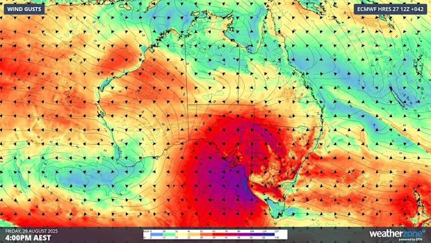 A graphic of wind conditions in Australia for Friday, August 29.