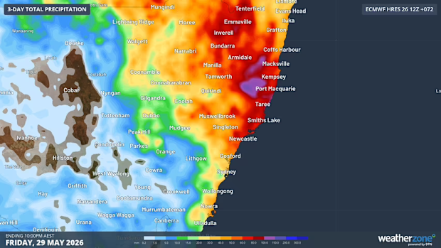 Forecast accumulated rain in eastern NSW during the next three days. Source: Weatherzone.