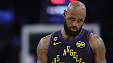 LeBron James of the Los Angeles Lakers reacts against the Oklahoma City Thunder.