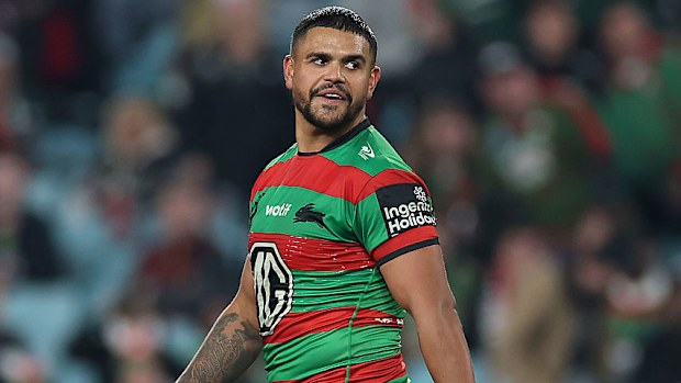 Latrell Mitchell of the Rabbitohs looks on.