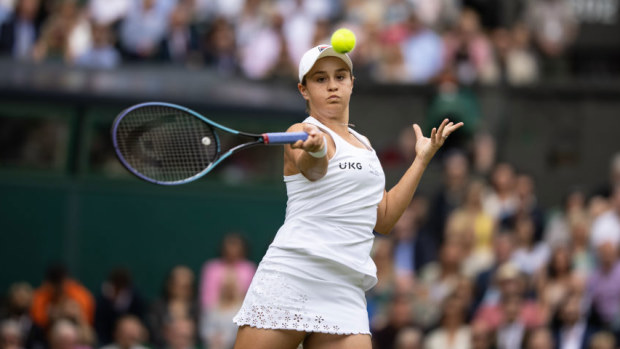 Ashleigh Barty in action during the Women's Singles Final at The Wimbledon Lawn Tennis Championship.