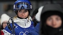 Eileen Gu of Team China reacts in the Freestyle Skiing Women's Freeski Big Air Qualification.