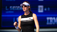 Maya Joint in action against Laura Siegemund of Germany in the first round of the US Open.