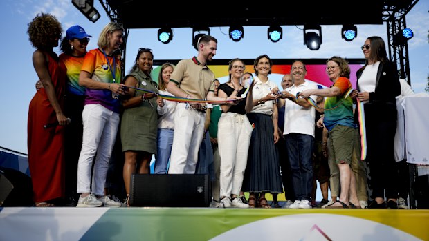 French sports minister Amelie Oudea-Castera takes part in the opening ceremony of Pride House, the safe space for the LGBT+ community of athletes, during Paris 2024.