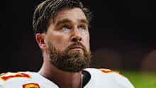 NEW ORLEANS, LA - FEBRUARY 09: Travis Kelce #87 of the Kansas City Chiefs warms up prior to the NFL Super Bowl 59 football game against the Philadelphia Eagles at Caesars Superdome on February 9, 2025 in New Orleans, Louisiana. (Photo by Cooper Neill/Getty Images)