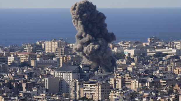 Smoke rises from an Israeli airstrike on Dahiyeh, in the southern suburb of Beirut, Lebanon, Saturday, Oct. 19, 2024. 