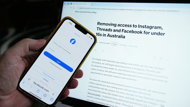 A logon screen for Facebook and the new Meta policy are photographed in Sydney, Australia, Thursday, Nov. 20, 2025.