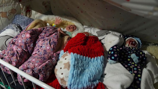 Premature babies who were left behind by their parents lie in a bed in hospital number 3 in Mariupol, Ukraine