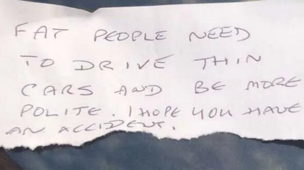 Woman fat-shamed after stranger left a cruel note on her car