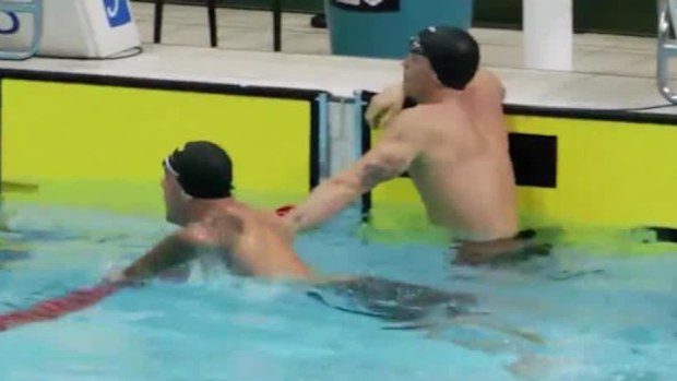 Kyle Chalmers brushes past Cody Simpson at the Australian world championship trials.