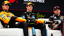 McLaren driver Oscar Piastri (centre) with teammate Lando Norris (left) and Red Bull driver Max Verstappen (right) during the qualifying press conference ahead of the Qatar Grand Prix.