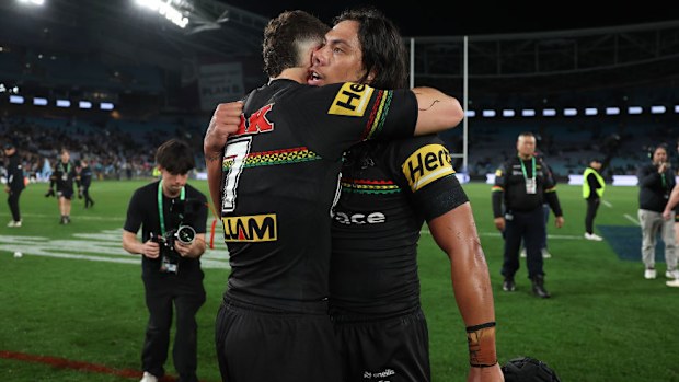 Nathan Cleary of the Panthers celebrates with Jarome Luai after their victory during the NRL Preliminary Final match between the Penrith Panthers and the Cronulla Sharks.