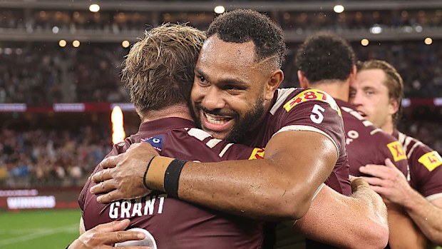 Hamiso Tabuai-Fidow celebrates with Harry Grant.