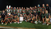 SYDNEY, AUSTRALIA - FEBRUARY 17:  The Rabbitohs celebrate victory and pose with the Charity Shield during the NRL Pre-Season Challenge round one match between St George Illawarra Dragons and South Sydney Rabbitohs at Netstrata Jubilee Stadium on February 17, 2024 in Sydney, Australia. (Photo by Matt King/Getty Images)