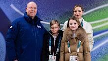 Prince Albert II and Princess Charlene of Monaco, with their children Prince Jacques and Princess Gabriella, at the Olympic Winter Games Milano Cortina 2026.