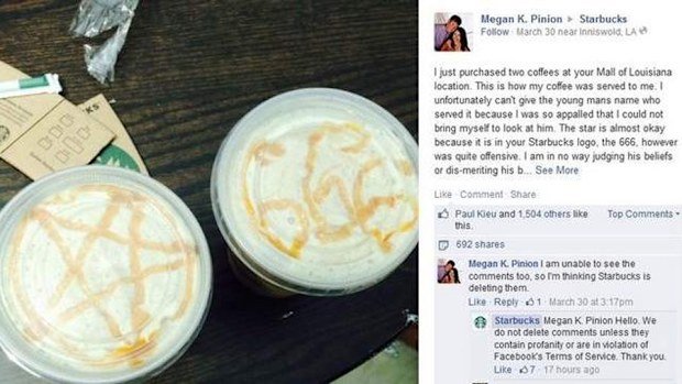 "Satanic" symbols drawn in Starbucks coffee (Megan Pinion/Facebook)