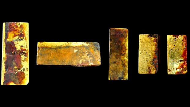 Five gold bars recovered by Odyssey Marine Exploration, which were stamped with various assayer’s marks. (Odyssey Marine Exploration/http://on.fb.me/1fL4FAL)