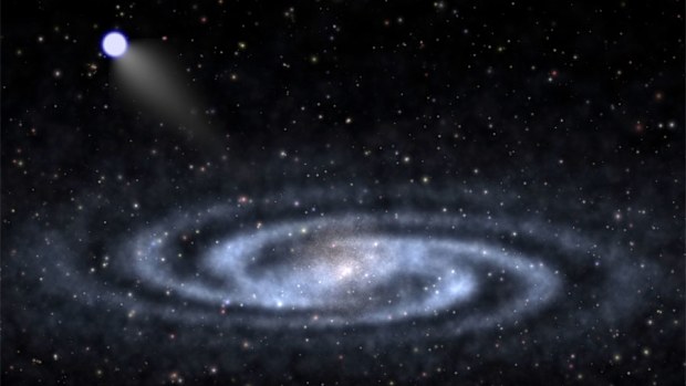An astrophysicist-artist's conception of a hypervelocity star speeding away from the visible part of a spiral galaxy like our Milky Way (Ben Bromley, University of Utah)