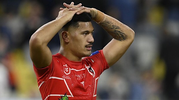 TOWNSVILLE, AUSTRALIA - JUNE 10:  Talatau Amone of the Dragons  looks dejected after losing the round 14 NRL match between the North Queensland Cowboys and the St George Illawarra Dragons at Qld Country Bank Stadium, on June 10, 2022, in Townsville, Australia. (Photo by Ian Hitchcock/Getty Images)