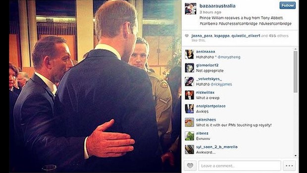 Prime Minister Tony Abbott with his arm around Prince William's back (Instagram/@bazaaraustralia)