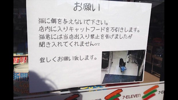 Poster warns patrons of Japanese 7-Eleven about 'shoplifting' cat (Twitter/@mememe_sh)