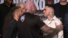 George Kambosos and Vasiliy Lomachenko square off at the press conference. 