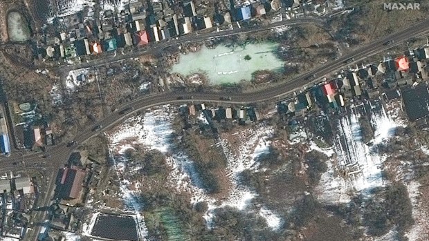 This satellite image provided by Maxar Technologies is showing parts of a military convoy moving south in and around Golovchino in Russia, which is 16 kilometres north of the border with Ukraine.