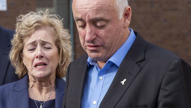 The parents of Grace Millane, David and Gillian Millane speak to media outside Auckland High Court. 