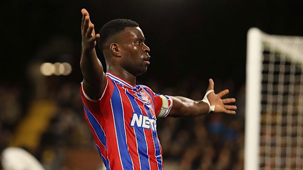 Marc Guehi of Crystal Palace celebrates after scoring a goal to put Crystal Palace 2-1 ahead against Fulham.