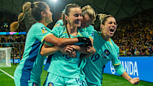MELBOURNE, AUSTRALIA - JULY 31: Hayley Raso of Australia celebrates her 2nd goal during the FIFA Women's World Cup Australia & New Zealand 2023 Group B match between Canada and Australia at Melbourne Rectangular Stadium on July 31, 2023 in Melbourne, Australia. (Photo by Will Murray/Getty Images)
