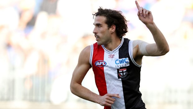 Max King of the Saints celebrates after scoring a goal.
