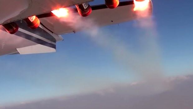 The flare system on the plane releases a special mixture designed to trigger rainfall on the UAE.