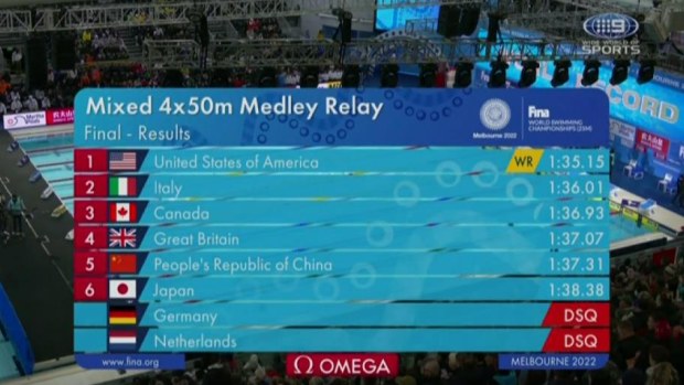 The confirmed results of the mixed 4x50m medley relay.