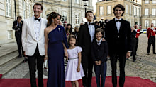 COPENHAGEN, DENMARK - JUNE 07: Prince Joachim, Princess Marie and their children posing during arrival at the Royal Palace where Queen Margrethe of Denmark host a dinner party celebrating the 50th birthday of Prince Joachim on June 7, 2019 in Copenhagen, Denmark. From September this year until the summer 2020, Prince Joachim will follow France's highest-ranking military leadership training, and he and his family will move to Paris. This follows an invitation from the French Minister of Defense.