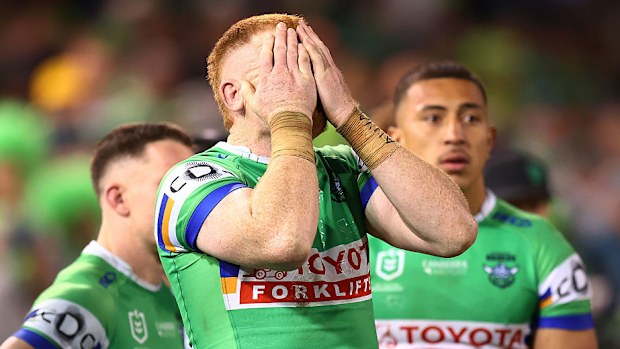 Corey Horsburgh of the Raiders reacts during the NRL Qualifying Final against the Broncos.