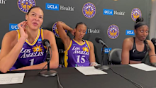 Liz Cambage speaks to reporters after her second last game for the LA Sparks.